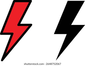 Um gráfico em negrito com dois ícones de raio, um em vermelho vibrante e o outro em preto sólido. Ambos são apresentados em um estilo de silhueta limpo, isolado em um fundo branco.