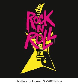 Bold graphic featuring a yellow guitar and bright pink text celebrating rock n roll. This design captures the energetic spirit of music and classic rock culture.