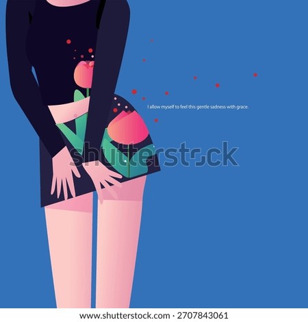 Bold, graphic floral patterns adorn the dress, with text expressing an emotional sentiment.