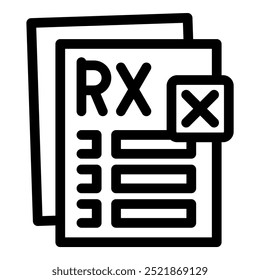 Bold graphic icon of a medical prescription form with the rx symbol being cancelled