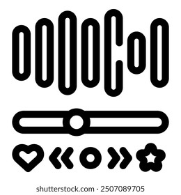 Bold, graphic icon set representing an audio player interface, featuring playback controls and soundwave visualization