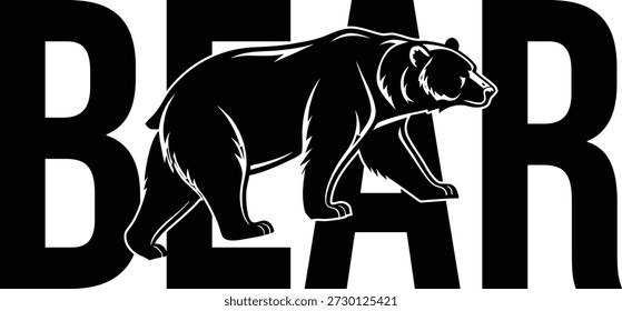 Ilustración gráfica audaz de un oso caminando con letras Grandes, ideal para ropa, carteles y Diseños con temas de vida silvestre