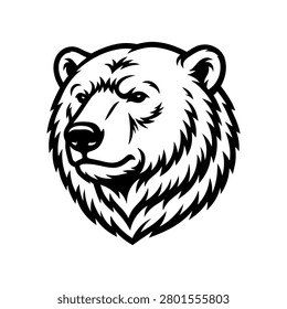 A bold, graphic illustration of a bear's head in black and white, featuring sharp lines and a determined expression.