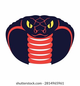 A bold, graphic illustration of a cobra snake with vivid colors and fierce eyes, emphasizing its dangerous and striking appearance.