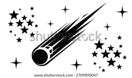 A bold, graphic illustration of a comet streaking across a starry sky, rendered in a striking black and white contrast.