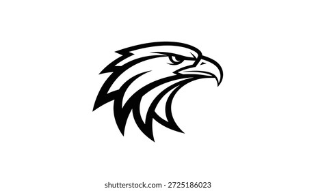 A bold, graphic illustration of an eagle's head, rendered in black and white with sharp lines and a fierce expression, suitable for logos and emblems.