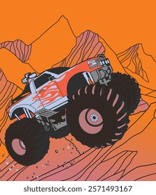 A bold graphic illustration of a monster truck, depicted in vibrant orange and muted tones, navigating a dramatic mountain landscape.