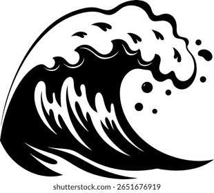 Uma ilustração gráfica arrojada de uma poderosa onda oceânica em preto e branco. O design apresenta linhas dinâmicas e gotículas, transmitindo energia e movimento. Isolado no branco.
