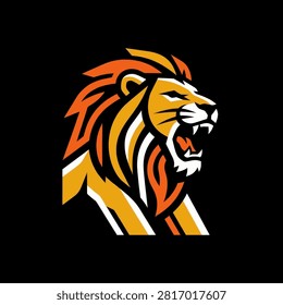 A bold graphic illustration of a roaring lion head profile