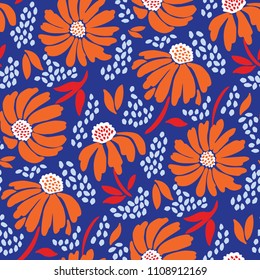 Bold graphic large scale floral vector seamless pattern. Simplistic oversized hand drawn orange blooms on indigo textured background. Retro minimal stylized flowers and foliage print.