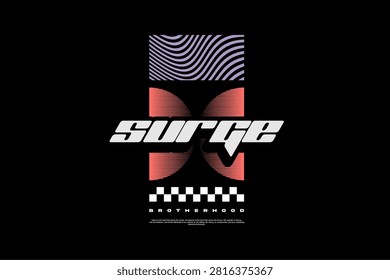 A bold graphic logo featuring the word Surge in a stylized font, set against abstract shapes and patterns.