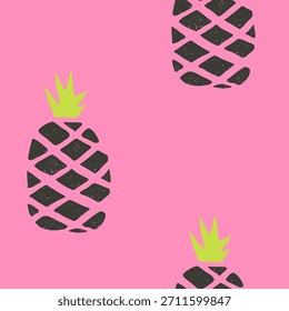 Bold graphic pineapples with neon tops on vibrant pink background.