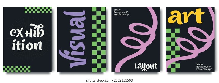  Bold graphic poster designs with contrasting colors, dynamic typography, and abstract patterns for modern art layouts. Design for celebration, ads, branding, banner, cover, label, poster