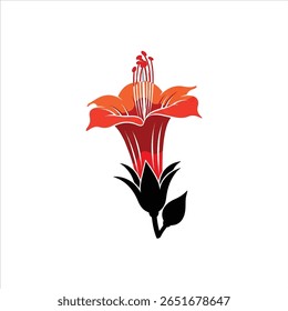 Uma representação gráfica arrojada de uma flor florescente com pétalas vibrantes e folhas escuras contrastantes.