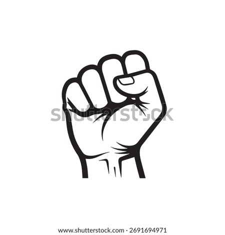 A bold graphic representation of a human hand forming a tight fist, rendered in clean black and white lines, symbolizing strength and solidarity.