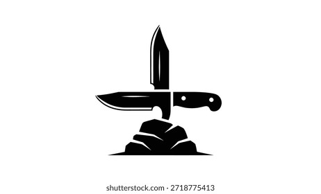 Una representación audaz y gráfica de un cuchillo empalado en una pila de rocas, representada en blanco y negro.