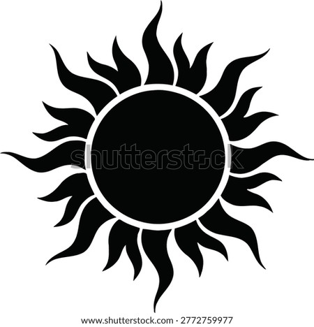 A bold, graphic representation of a sun with sharp, flame-like rays emanating from a central dark circle.