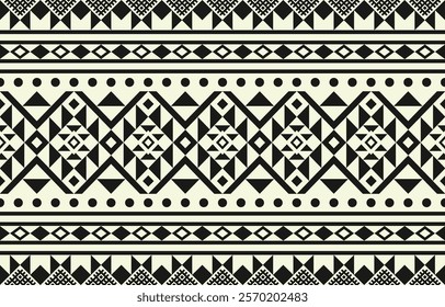 Bold and graphic seamless pattern with geometric tribal motifs. Black and beige color palette. Suitable for fashion apparel, home decor, interior design, and graphic design projects.