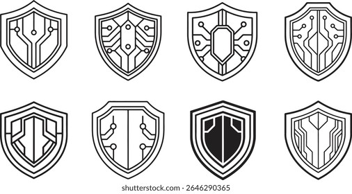 A bold, graphic shield emblem in a striking black and white silhouette style.