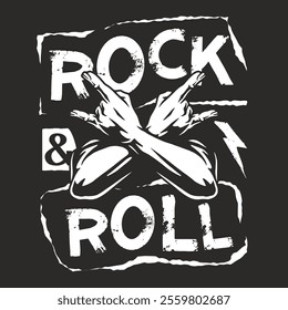 A bold graphic showcases two hands forming rock and roll gestures against a dark background. The design features the words rock and roll in striking lettering.