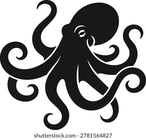 A bold, graphic silhouette of an octopus in black, showcasing its eight flowing tentacles in a dynamic pose.