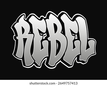 A bold graphic spells out the word REBEL in graffiti-style lettering. The design features a gradient effect, and the text is outlined in white against a black backdrop.