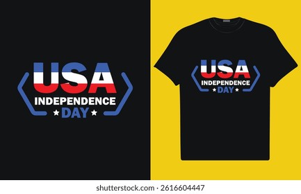 A bold graphic tee design featuring stylized USA text with American flag colors for Independence Day