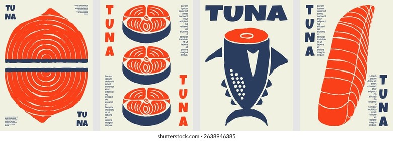 Bold graphic tuna fish poster set with modern seafood cuts, fresh fillet illustrations, and stylish vintage food.
