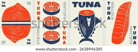 Bold graphic tuna fish poster set with modern seafood cuts, fresh fillet illustrations, and stylish vintage food.
