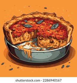 A bold, graphic-style illustration of a deep-dish Chicago-style pizza, featuring thick layers of sausage, cheese, and tomato sauce on a deep, buttery crust.