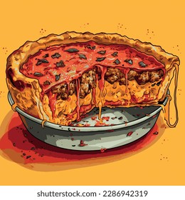 A bold, graphic-style illustration of a deep-dish Chicago-style pizza, featuring thick layers of sausage, cheese, and tomato sauce on a deep, buttery crust. The pizza is set against a bright yellow ba