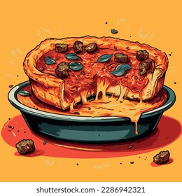 A bold, graphic-style illustration of a deep-dish Chicago-style pizza, featuring thick layers of sausage, cheese, and tomato sauce on a deep, buttery crust. The pizza is set against a bright yellow ba