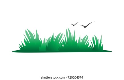 bold grass illustration with birds, symbol design, isolated on white background. 