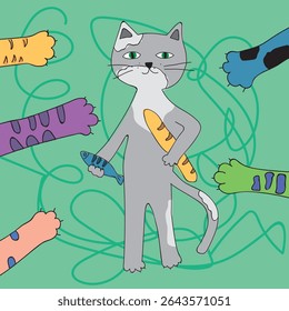 Bold gray cat standing in center with paws reaching, playful vector concept