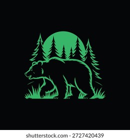 Una atrevida silueta de oso verde atraviesa un exuberante bosque bajo una brillante luna. Esta obra de arte de Vector estilizado transmite naturaleza salvaje, fuerza y belleza natural para exteriores, vida silvestre y naturaleza.