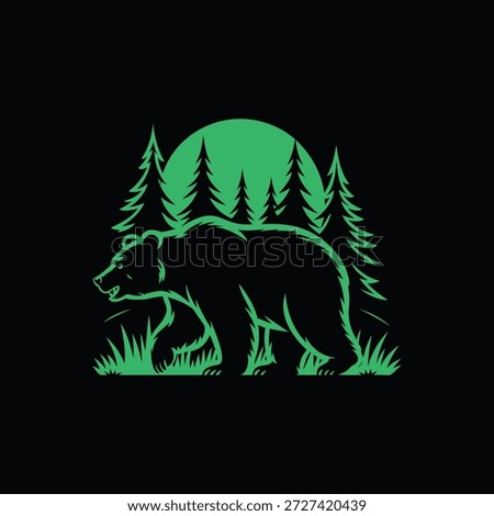 A bold green bear silhouette traverses a lush forest under a glowing moon. This stylized vector artwork conveys wilderness, strength, and natural beauty for outdoor, wildlife, and nature themes.