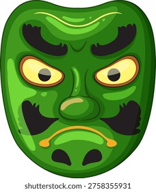 Bold green samurai mask with exaggerated features, cartoon style, strong shadows, frontal view