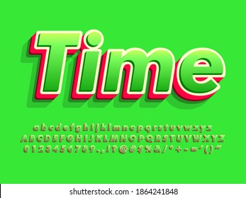 Bold green text effect with red extrude. Modern organic font with nice style. Alphabet, number and symbol