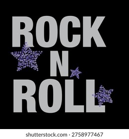 Bold grey ROCK N ROLL typography decorated with shiny purple star sequins on a solid black background. Perfect graphic for edgy streetwear, t-shirt prints, and music posters.