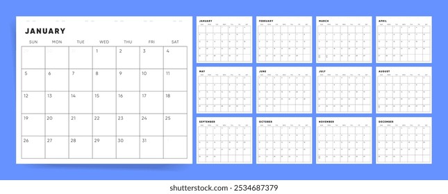 Bold Grid 2025 Calendário para parede e mesa. Páginas de 12 meses prontas para imprimir Calendar Corporate Design para 2025 ano. Início de domingo. 