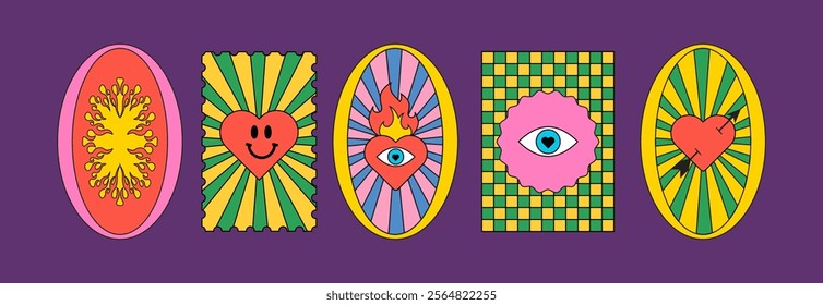 Bold Groovy stickers Y2k. Valentins day. Retro gambling and Cult aesthetics. Trendy Flat design. Love design elements. Big vector set with hearts. Vibrant colors. Simple shapes, retro vibes