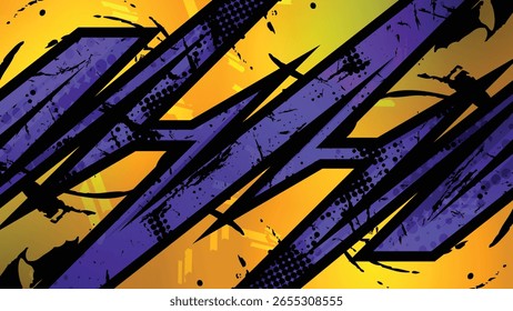 Kühner, farbiger, abstrakter Hintergrund mit dynamischen Rennstreifen in Lila und Gelb mit gestressten Texturen und Splatter-Effekten. 