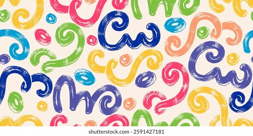 Bold Grunge Brush Marker Lines Seamless Pattern. Colorful abstract curvy and squiggle forms. Wavy ornaments isolated on white background