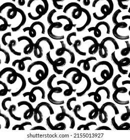 Bold grunge curly lines seamless pattern. Hand drawn modern swirled brush strokes. Abstract geometric ink brush doodle texture. Random curved lines. Swooshes and flourish black strokes.