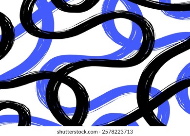 Bold Grunge Hand Drawn Doodle Wavy Noodle Lines in Black and Blue. Geometric abstract curvy swirls. Playful modern and simple wall art with trendy colors. Retro childish background 