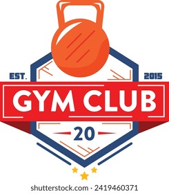 Bold gym club logo featuring a kettlebell above a vibrant red banner. Athletic emblem for fitness center establishment.