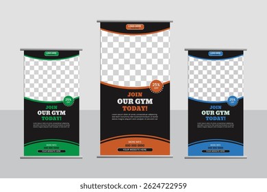 Banner de roll-up de ginástica ousada em laranja, azul e verde. Ideal para clubes de fitness, promoções de treinamento, ofertas de ginástica e eventos de treino. Apresenta área de foto, texto editável e um layout de vetor limpo