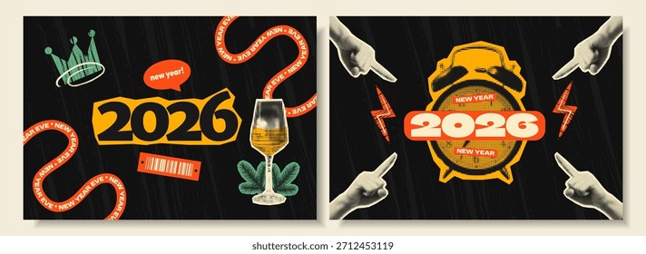 Bold halftone collage posters celebrating New Year 2026 with playful cutout elements — crowns, glasses, hands, lightning, and vintage alarm clocks in retro color palette.