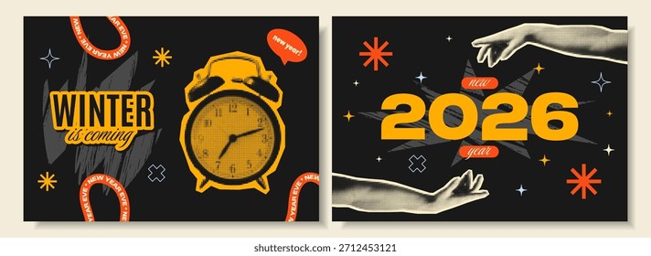 Afiches audaces de collage de medio tono con temas retro del año Nuevo 2026, que incluyen despertador, agujas abstractas, estallidos estelares y letras "Winter is Coming" en estilo pop-art sobre fondos con textura oscura.