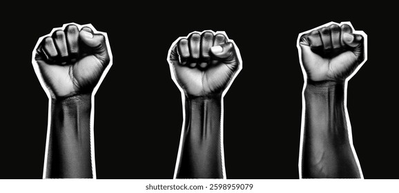 A bold halftone illustration of raised fists symbolizing strength, unity, and resistance. Black and white design with a retro aesthetic, perfect for activism, protest art, and powerful visuals.